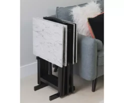 Davis White Faux Marble Tray Tables With Stand, 5-Piece Set -Living Room Furniture Store 810389673 B0 2