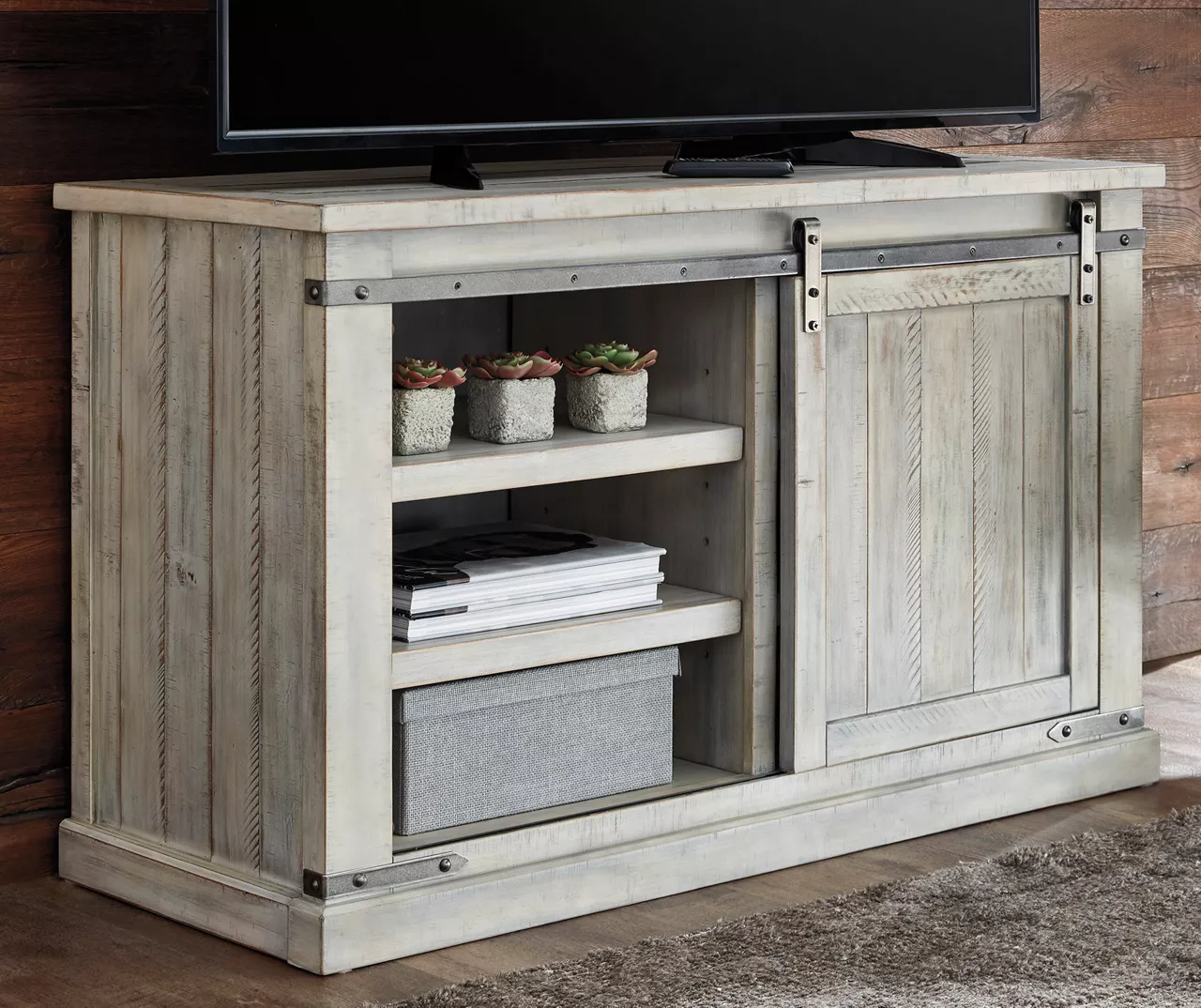 Carynhurst Whitewash Sliding Barn Door TV Stand 5 Carynhurst Whitewash Sliding Barn Door TV Stand - Image 3