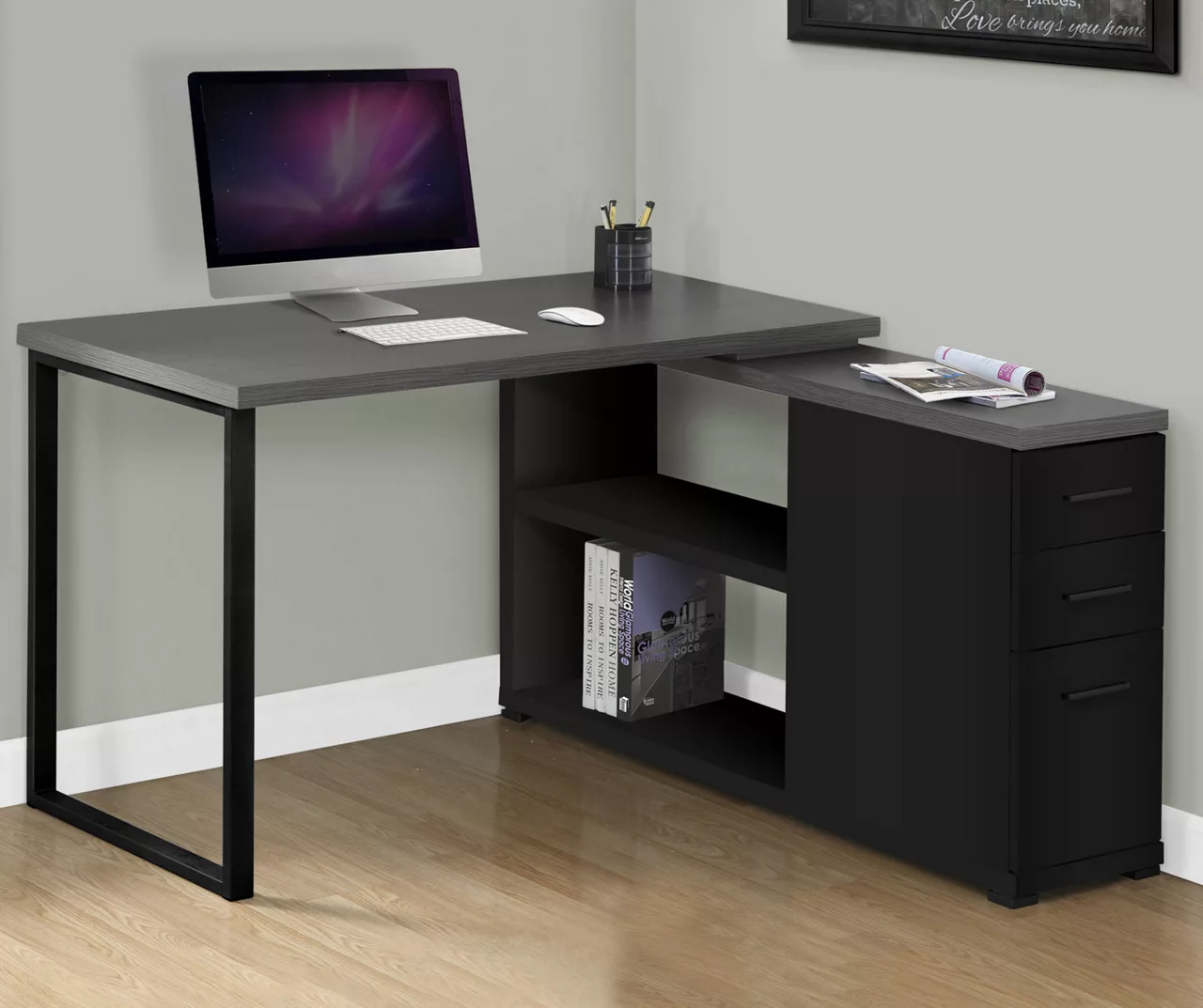 Gray & Black L-Shaped 3-Drawer Computer Desk 4 Gray & Black L-Shaped 3-Drawer Computer Desk - Image 2