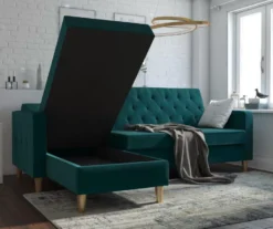 CosmoLiving Liberty Green Velvet Sectional Storage Futon -Living Room Furniture Store 810541026 2