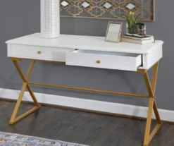 Glam White & Gold 2-Drawer Campaign Desk -Living Room Furniture Store 810543228 A0 10