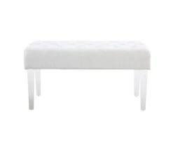 Marie Glitz White Tufted Linen Acrylic Leg Bench -Living Room Furniture Store 810543267 3