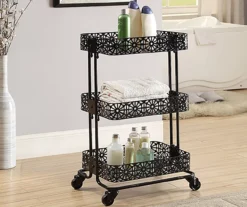 Mabry Black 3-Tier Pierced Floral Rolling Cart -Living Room Furniture Store 810543382 2