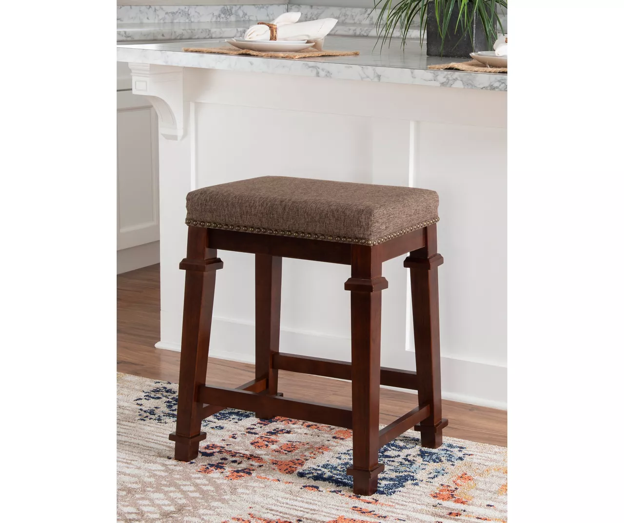 Clark Walnut & Light Brown Upholstered Tweed Backless Counter Stool 4 Clark Walnut & Light Brown Upholstered Tweed Backless Counter Stool - Image 2