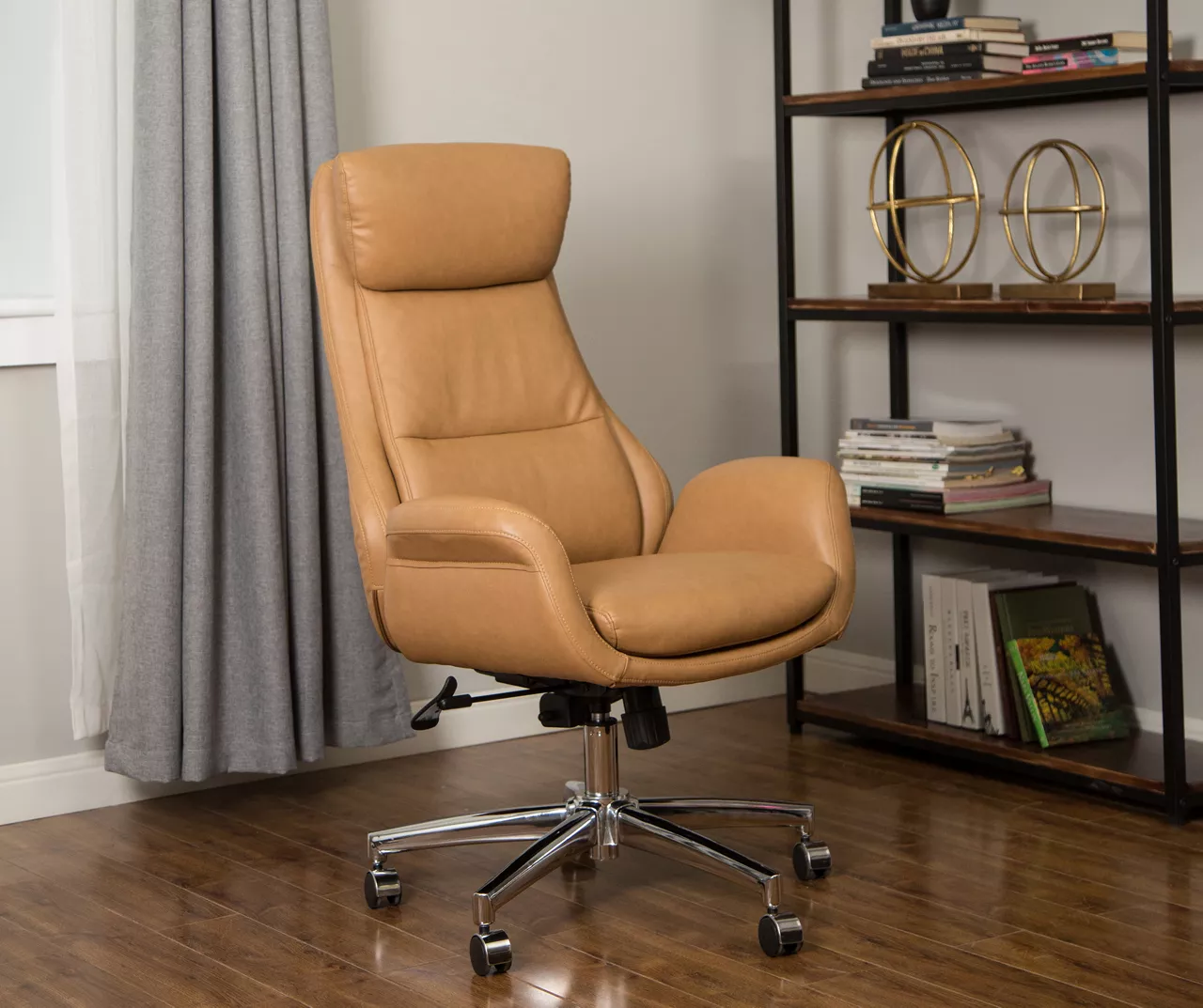 Light Brown Mid-Century Modern Faux Leather Executive Office Chair 6 Light Brown Mid-Century Modern Faux Leather Executive Office Chair - Image 4